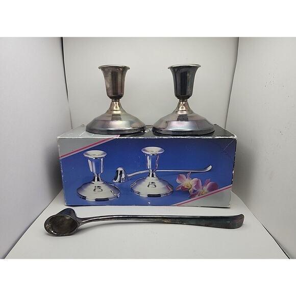 Vintage Console Candle Holders W/ Snuffer Silver Plated 3-1/2" W/ Original Box - Picture 1 of 7